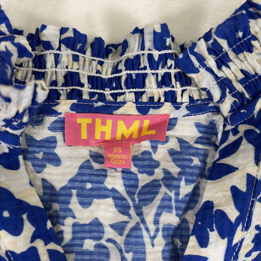 THML Top Sz XS Blue/Tan w/ Embroidered Floral Pink Puff Sleeves Smocked Neck - Picture 2 of 11